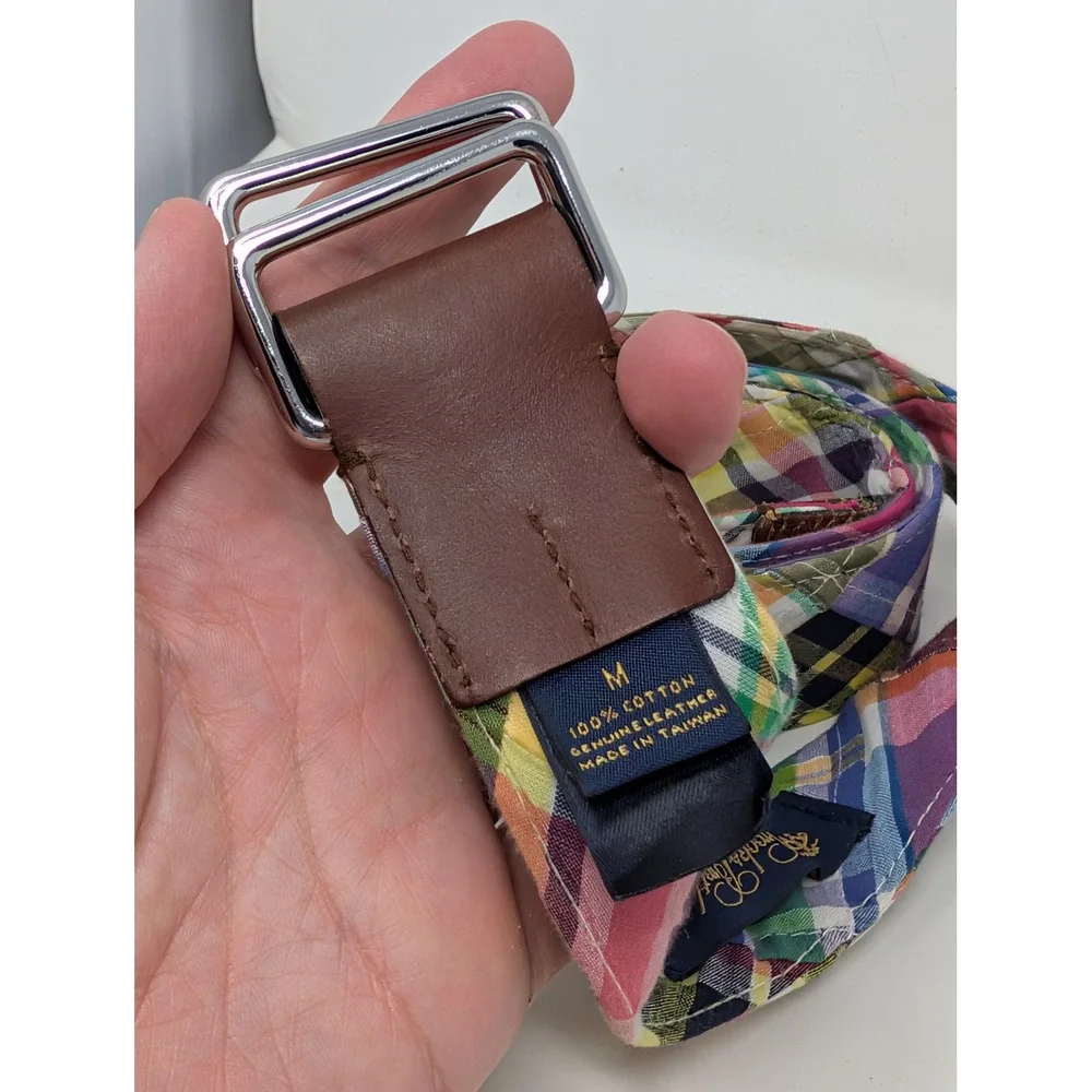 Brooks Brothers Madras Plaid D-Ring Belt Mens Medium Multi Color Leather Trim
